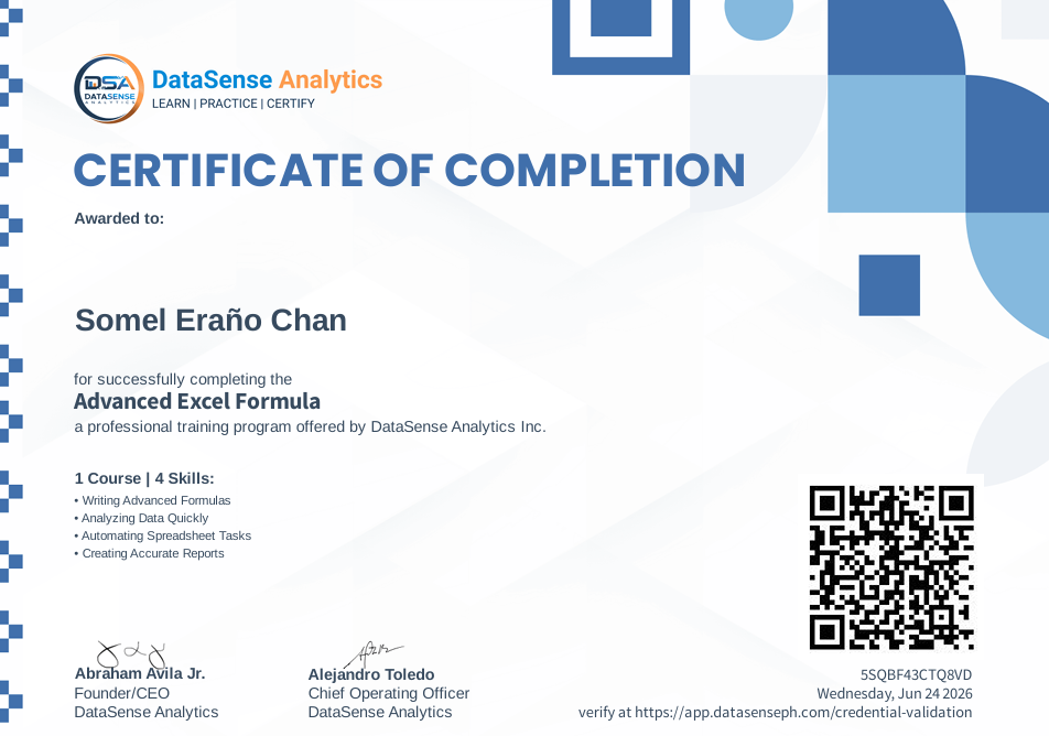 Advanced Excel Formula Certificate